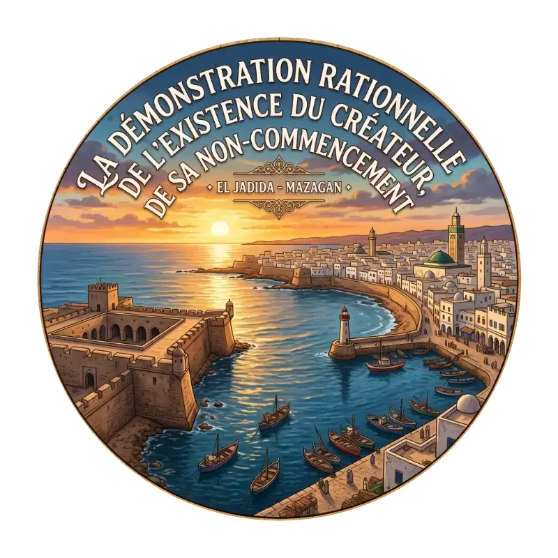 Illustration circulaire du port fortifié d'El Jadida Mazagan au coucher du soleil avec des barques de pêche, surmontée de l'inscription : La démonstration rationnelle de l'existence du Créateur, de Son non-commencement.