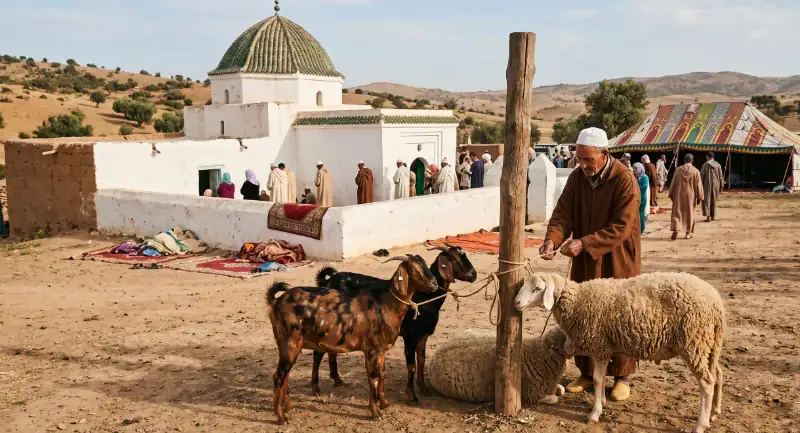 Sacrifice traditionnel près du mausolée Un homme en djellaba marron attache un mouton et deux chèvres à un poteau en bois devant un mausolée blanc à dôme vert lors d'une cérémonie traditionnelle.