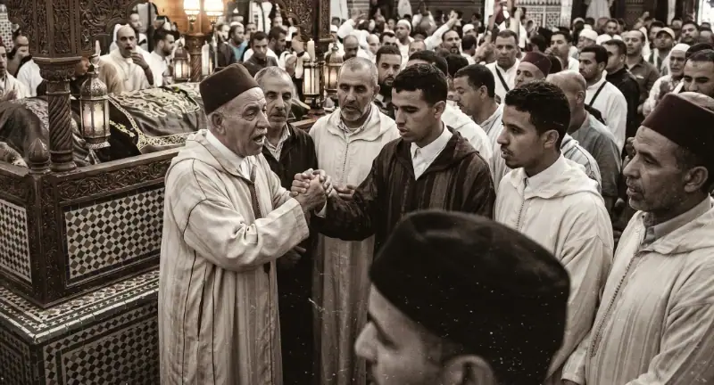 Fidèles recueillis devant le tombeau du saint Rassemblement de fidèles en habit traditionnel autour du mausolée d'un saint homme dans un mausolée traditionnel.