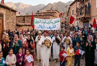 Célébration du Mawlid à Azilal Rassemblement festif et cortège traditionnel pour la fête du Mawlid Nabaoui à Azilal au Maroc