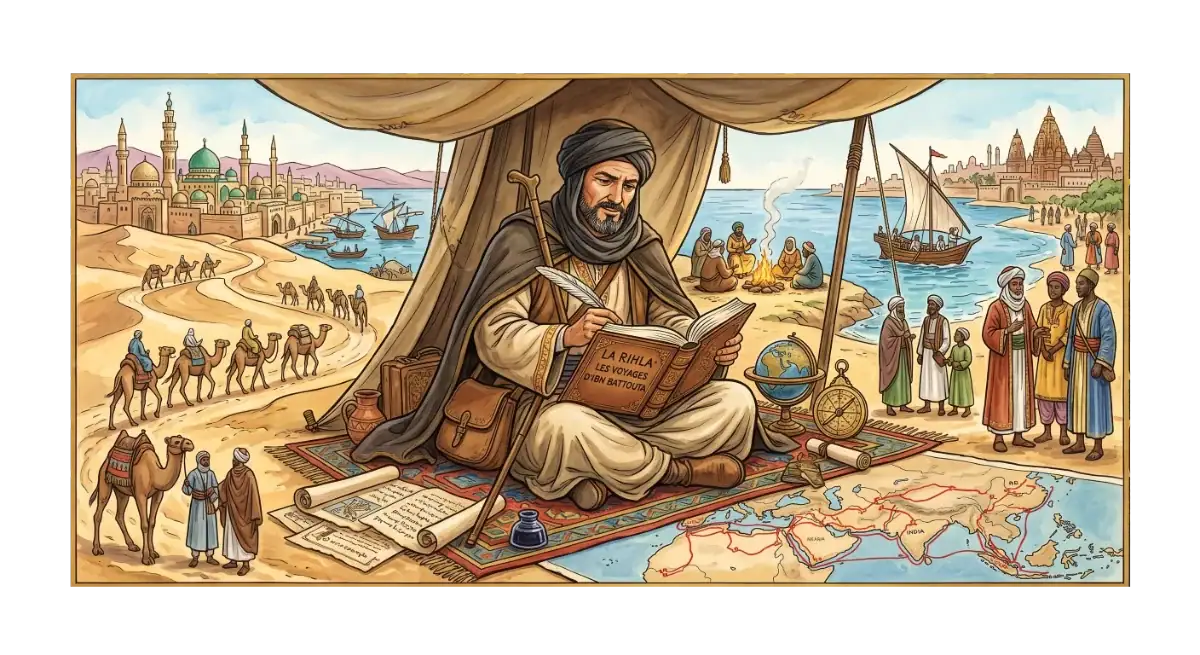 Ibn Battouta – Les Voyages de la Rihla Illustration d'Ibn Battouta écrivant son livre de voyages La Rihla sous une tente, entouré de caravanes de chameaux, de navires et d'une carte de ses explorations.