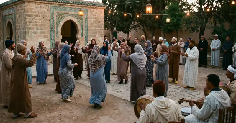 Danse traditionnelle de la Hadra - Hommes et Femmes Rassemblement de femmes et d'hommes participant à une danse rituelle de la Hadra devant un édifice traditionnel en pierre.