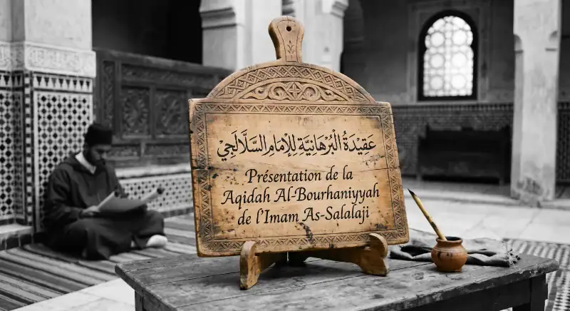 Presentation-Aqidah-Al-Burhaniyyah-Imam-As-Salalaji Une tablette traditionnelle en bois sculpté posée sur un pupitre, affichant le titre Présentation de la Aqidah Al-Bourhaniyyah de l'Imam As-Salalaji, à côté d'un encrier et d'un calame, dans la cour d'une madrasa historique.