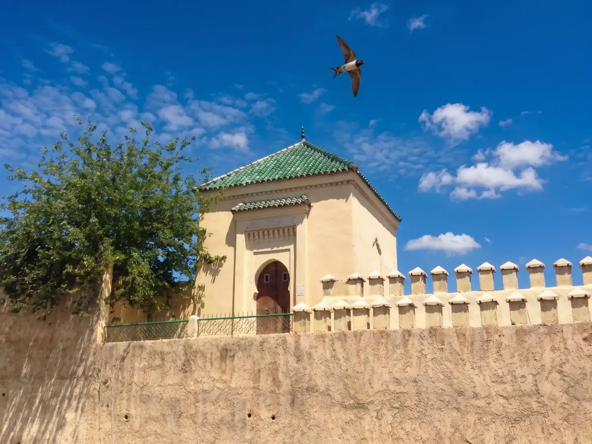 Tombe de Lissan al-Din ibn al-Khatib à Fès, Maroc Mausolée de Lissan al-Din ibn al-Khatib avec son toit en tuiles vertes à Fès, survolé par un oiseau sous un ciel bleu.